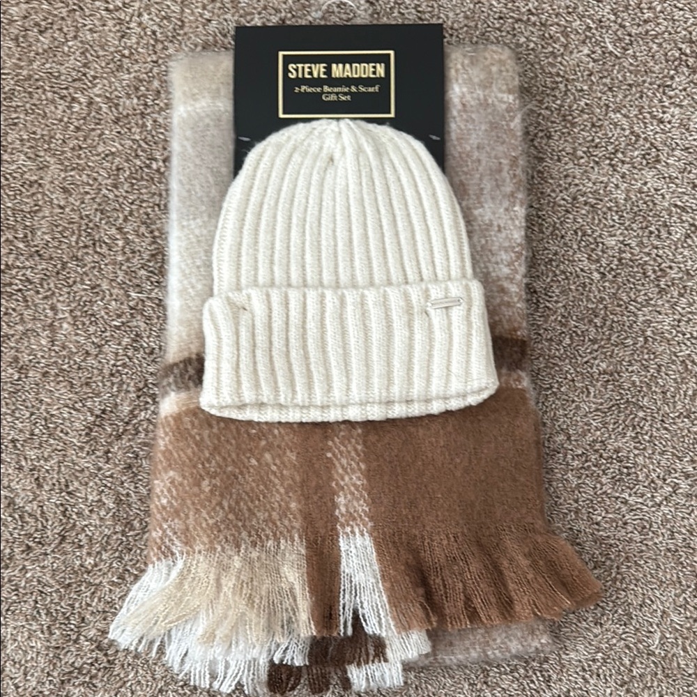 Steve Madden Ivory Beanie and Tan Plaid Scarf Set